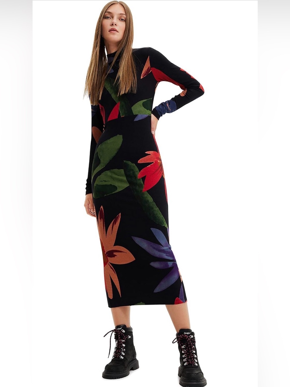 Desigual Black Floral Long-Sleeve Midi Dress with Multicolor Blooms